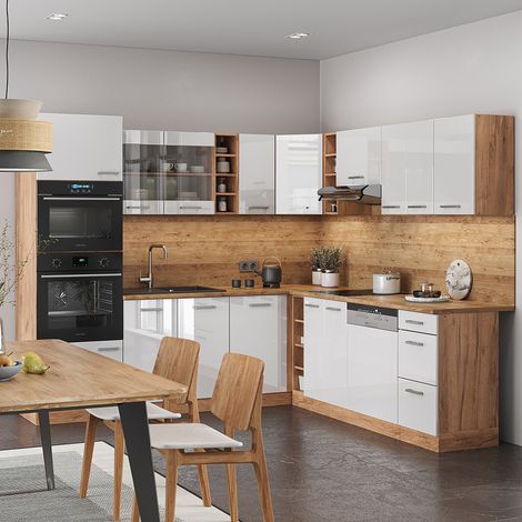 Cocina esquinera R-Line, Blanco brillo intenso/roble dorado, 237 x 60 cm sin encimera, Vicco (1/5)