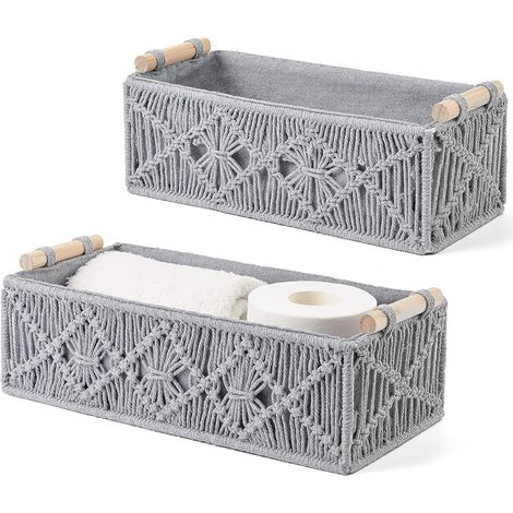 Lot de 2 paniers de rangement en macramé tissés à la main pour comptoir de toilette, étagère de rangement pour chambre à coucher, chambre d'enfant, salon, maison - Gris