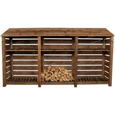 Slatted wooden log store with kindling shelf W-335cm, H-180cm, D-88cm - brown finish