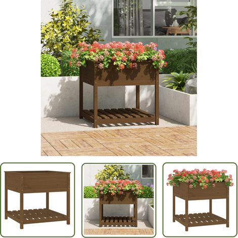 The Living Store Jardinière avec étagère Marron miel 82,5x82,5x81 cm Bois de pin - Jardinier - Jardinière Bois - Pot De Fleurs Extérieur - Plante - Décoration Intérieur (1/5)