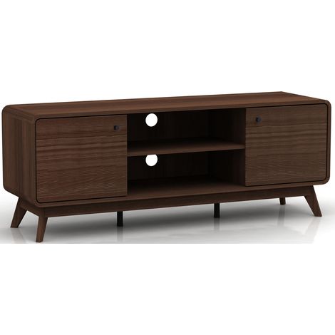 Meuble TV bas effet noyer – 2 portes – Design flottant scandinave – Panneaux de particules stratifiés – Coins arrondis (1/4)