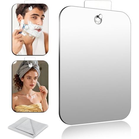Miroir de rasage pour douche - 20 x 25 cm - Miroir acrylique sans cadre - avec crochets - Miroir de maquillage mural - Argent - miroir anti-buée (1/5)