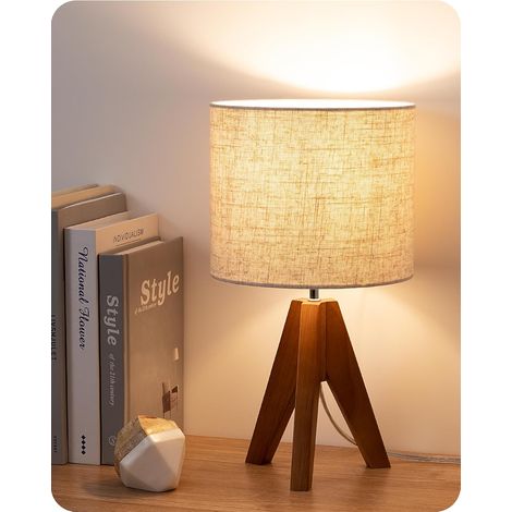 Dreibein-Tischleuchte, niedliche kleine Nachttischlampe, 36 cm, E26-Fassung Hellbrauner Holzfuß, leinenbeiger Lampenschirm, Nachttischlampe für Kinderzimmer, Schlafzimmer, Babyzimmer, Wohnzimmer (1/5)