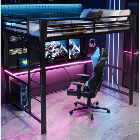 Cama alta con escritorio y luz LED (204x145x180 cm), con estantes, metal y MDF, negro (1/5)