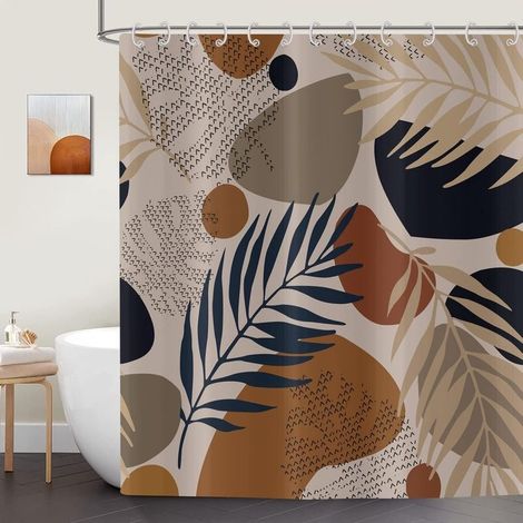 Bohemian Leaves Shower Curtain 180x200 cm, Boho Abstract Art Palm Leaves Brown Washable Bath Shower Curtain Waterproof Fabric Bathroom Shower Curtains with 12 Hooks (1/5)