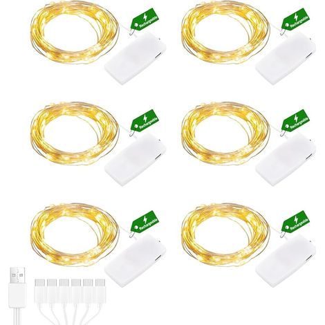 Mini Guirlande lumineuse rechargeable, 2M 20 LED blanc chaud avec câble USB rechargeable, guirlande étanche pour l'intérieur, Noël, mariage, fête, décoration de chambre (6 pièces) (1/5)