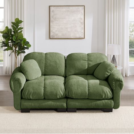 Sofá modular 2 plazas verde en chenilla con acolchado pespunteado y cojín móvil