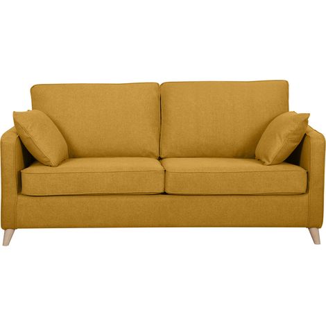Canapé convertible scandinave 3 places en tissu jaune cumin et bois clair avec matelas 10 cm PAPEL (1/5)