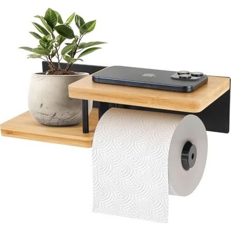 Porte-papier toilette avec étagère, porte-papier toilette en bambou en acier et bambou, porte-papier toilette sans perçage bois, porte-rouleau de papier toilette pour cuisine et salle (1/5)
