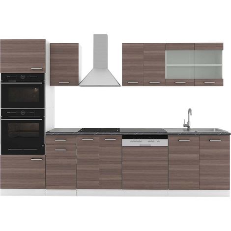 Cucina componibile R-Line, Grigio prezioso/bianco, 300 cm con armadio alto, PL Antracite, Vicco