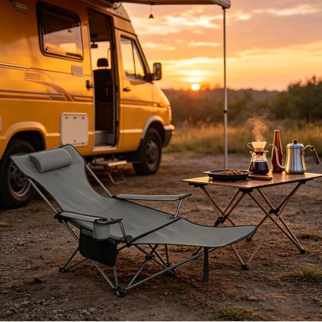 chaise fauteuil pliable camping réglable acier gris OKMYHOME (1/5)