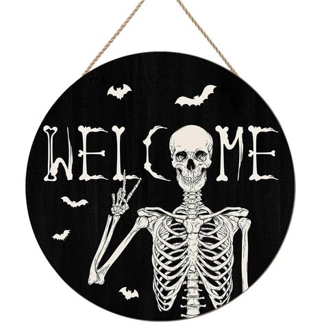 Squelette En Bois Panneau Halloween, Ronde Suspendre Deco Porte Halloween Effrayant Bienvenue Panneau DéCorations D'Halloween DéCoration Murale Pour L'IntéRieur Ou L'ExtéRieur 20x20 Cm Noir (1/5)