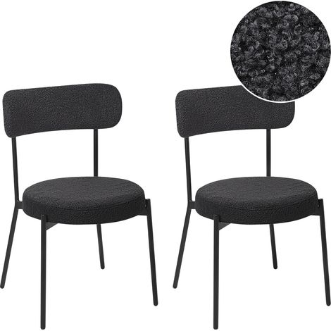 Conjunto de 2 sillas de comedor patas de acero negro con tapas sin reposabrazos bouclé negro Allison