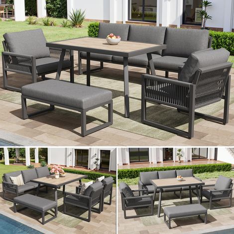 Modulare 6-7-Sitzer Gartenlounge, Ecksofa mit Esstisch, geflochtenes Seil, Holzoptik, dickes Außenkissen, Grau