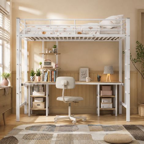 CHICFURN Letto soppalco bimbi 90x200 metallo/MDF bianco, scrivania e mensole, senza materasso (1/5)