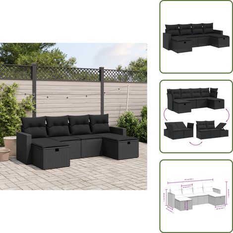 6-tlg. Garten-Sofagarnitur mit Kissen Schwarz Poly Rattan - Gartengestell - Gartenmöbelset - Lounge Set - Rattan Sessel - Gartenlounge (1/5)