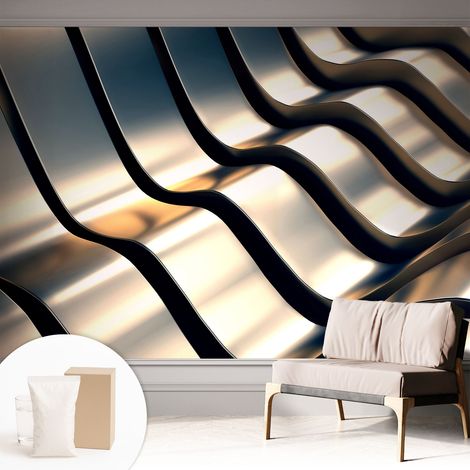 Papier peint intissé mural classique avec imprimé motifs décoratifs design élégant non‑tissé Vagues métalliques 312x219 cm (1/5)