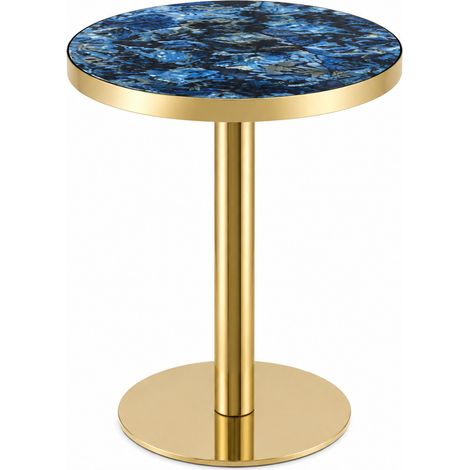Mesa auxiliar redonda moderna efecto mármol azul con borde dorado y estructura metálica (1/5)