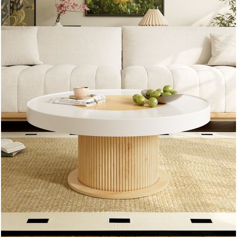 Tavolino rotondo 75x75x39 cm, piano bicolore bianco e legno, base cilindrica scanalata, MDF e PVC (1/5)
