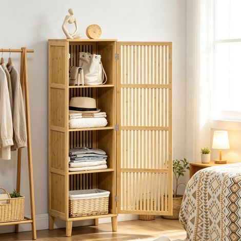 Mobile contenitore alto in bambù con porta a listelli, 40 x 30 x 140 cm, naturale DESVIAE (1/5)