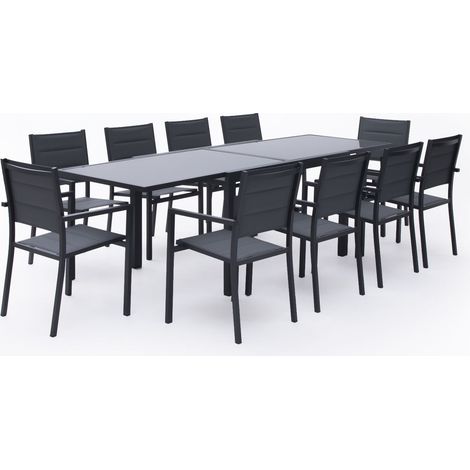 Happy Garden – Ensemble table et chaise de jardin extensible 10 places – Aluminium anthracite – Textilène gris rembourré – Chaises empilables (1/6)