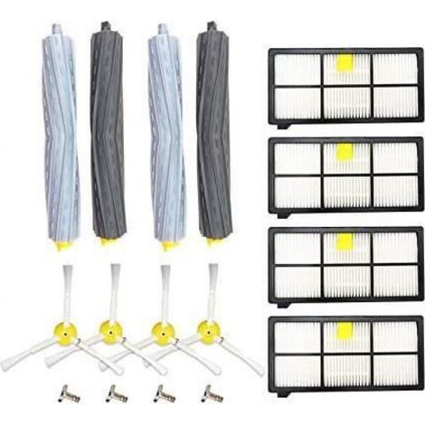 Kit Accessoires Aspirateur Robot - Rouleaux Extracteurs Caoutchouc - Filtres - Brosses Latérales - Pour Roomba Serie 800 900 - 4 Pièces Chaque