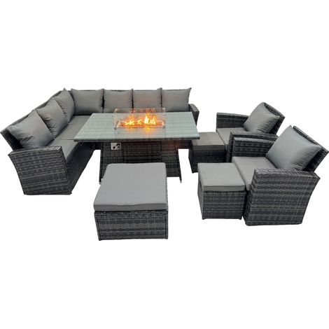 Fimous Poly Rattan Outdoor Patio Gas Firpit Dining Table Corner Sofa Set with 3 Stools 2 Chairs for Garden Backyard Dark Grey Mixed (1/5)