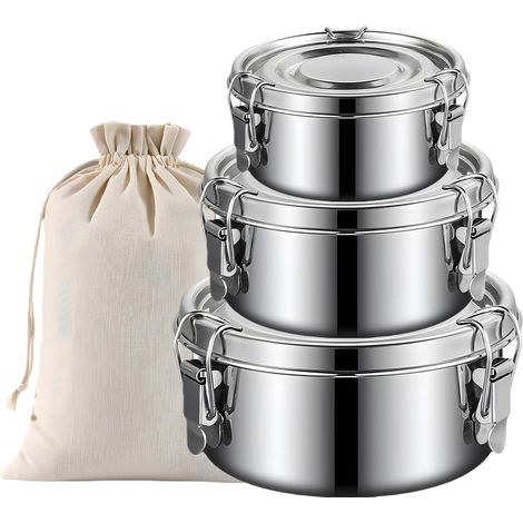 Boîte À Déjeuner En Acier Inoxydable, 3 Pièces Lunch Box Inox 500/1000/1500ml, Boîte À Repas, Boîtes De Conservation Avec Sac De Rangement Pour Le Bureau, Les Pique-Niques Et La Maison (1/5)