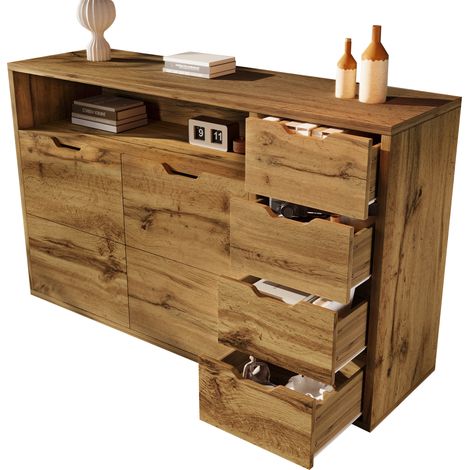 Commode/buffet à cinq tiroirs, 150x40x90 cm, avec étagères ouvertes, 2 portes, 4 tiroirs, étagères réglables en hauteur, convient aux salons et aux couloirs, couleur chêne (1/5)