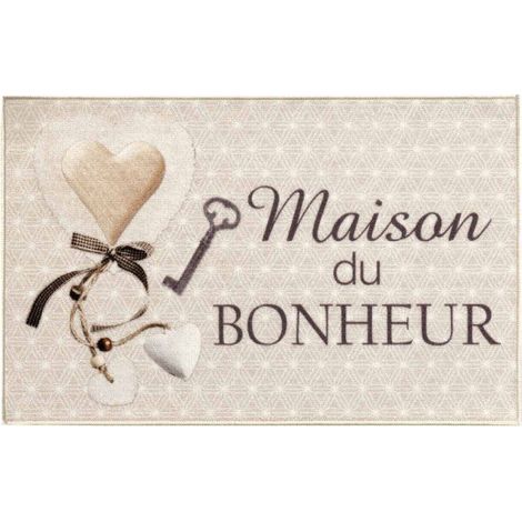 Tapis d'Entrée Imprimé "Happiness" 50x80cm Beige (1/5)