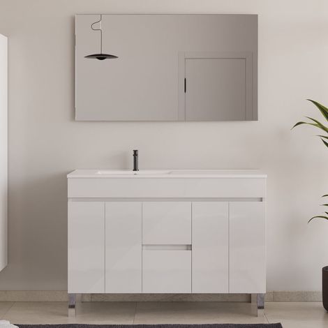 Meuble de salle de bain 120cm sur pieds avec vasque déporté - portes et tiroirs - blanc - HARO (1/5)