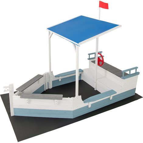 Bac à Sable en Forme Bateau Pirate avec Toit & Drapeau & Gouvernail, Bac à Sable en Bois avec Conception sans Fond, Aire de Jeux, pour 3-8 Ans (1/5)