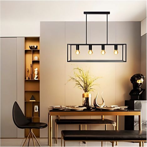 Suspension Lumineuse Rectangulaire Métal Noir 5 Points - Douille E27 - Sans Ampoule - Salle à Manger