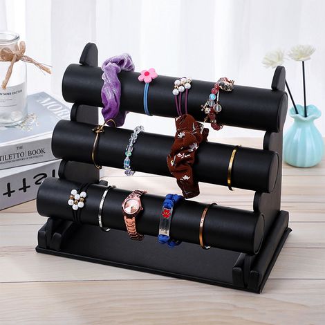 Présentoir à bijoux en velours, 3 niveaux, porte-montres et bracelets, présentoir pour colliers et bijoux, noir (1/5)