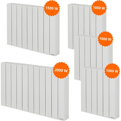 Thermor – Pack de 5 radiateurs à inertie fluide 3 x 1000W + 1 x 1500W + 1 x 2000W – Aluminium – Programmation intégrée – Détection fenêtre ouverte (1/5)