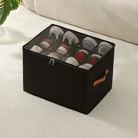 Boîte à chaussures pliable en tissu Oxford avec couvercle - Idéale pour le rangement de la maison - Noire (1/3)