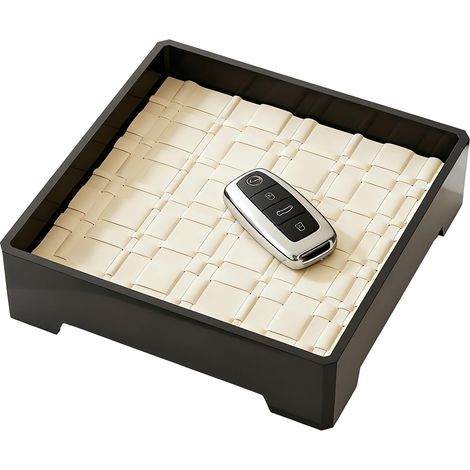 Plateau décoratif carré de 18 cm, organisateur minimaliste pour clés, bijoux, cosmétiques, en-cas et petits objets, rangement moderne pour plan de travail, noir avec sous-plat blanc (1/5)