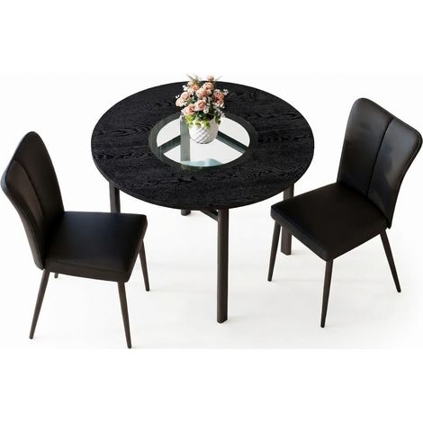 ELVMI Set Tavolo e Sedie con 1 Tavolo Rotondo e 2 Sedie, Piano in Vetro, MDF, Vetro, Metallo e PU, Nero (1/5)