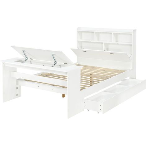 Lit simple enfant 140x200 cm blanc avec rangement et table pliante (1/5)