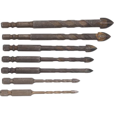 Ensemble de 7 forets hexagonaux en carbure cémenté à motif croisé unique pour verre, céramique, carrelage, brique, mur et bois. (1/5)
