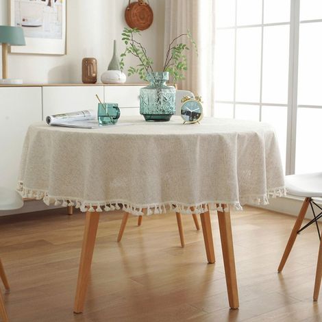 Nappe ronde en lin lavable, infroissable et anti-poussière, avec pompons, idéale pour la cuisine, la salle à manger, la table à manger, la table basse et la table de jardin. (1/4)