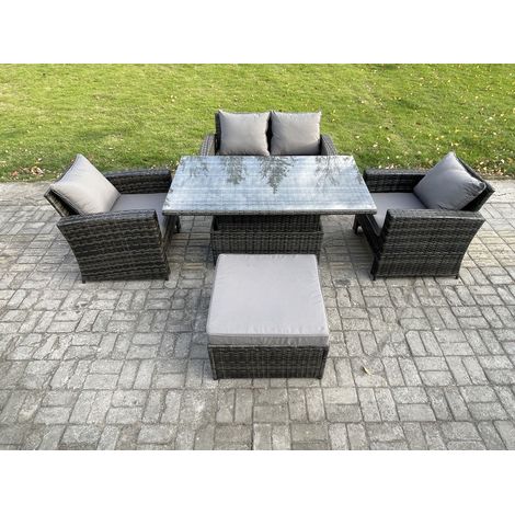 Fimous Outdoor Garden Dining Sets 5 Seater Rattan Patio Furniture Sofa Set with Rising Lifting Table Big Footstool Dark Grey Mixed (1/5)