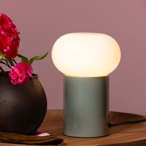 Lampe de table brillante Knut avec verre blanc, hauteur 22 cm, E27, verte (1/5)