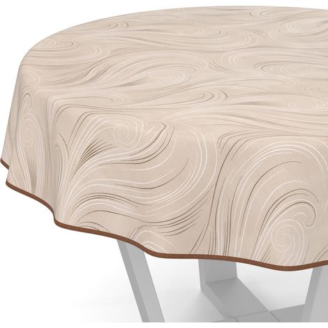 Nappe de Table en Toile cirée, Lavable, Motif Abstrait, Beige, Ronde, avec Ourlet, bordée, pour Table de Jardin, 140 cm (1/5)