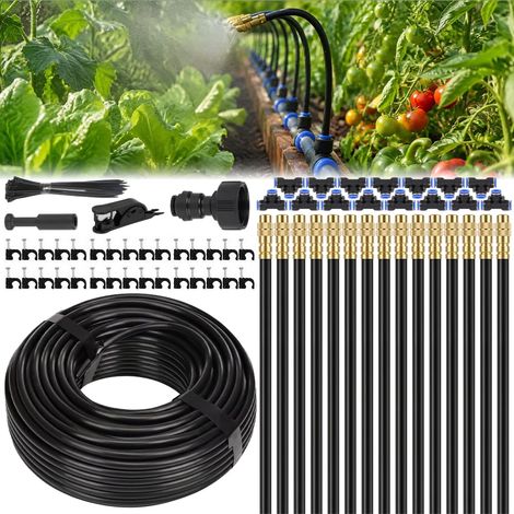 Système d'arrosage automatique de jardin à 360 °, 15 m, kit complet avec 15 buses de pulvérisation réglables, brume et irrigation goutte à goutte, pour balcon, serre, parterre surélevé, plantes (1/5)