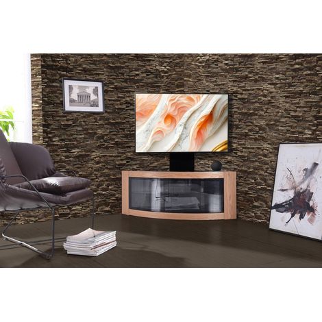 Centurion Supports PANGEA Black/Oak Beam-Thru Curved True-Corner 32"-50" TV Cabinet with Mounting Arm (1/5)