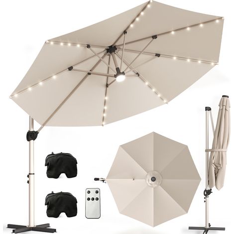 3M Parasol Déporté avec Pied, Parasol de Jardin Extérieur 29 LED Solaire avec 2 Sacs de Sable, Protection UV, Socle en Croix, Inclinable, pour Balcon, Jardin, Terrasse, Plage, Kaki (1/5)