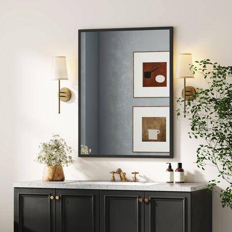 Miroir mural rectangulaire 90 x 70 cm, cadre en bois noir, idéal pour la salle de bain, salon ou chambre (1/5)