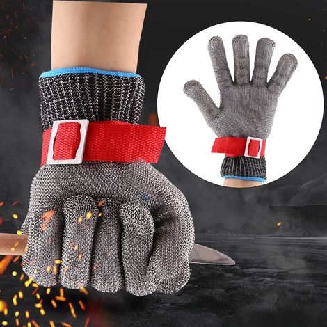 Schnittfeste Handschuhe aus Edelstahldraht der Güteklasse 5 mit roter Schnalle, Größe L, verkauft. (1/5)