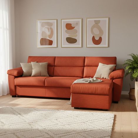 Sofá Cama con Chaise Longue Priverno, Desenfundable, con Almacenaje Made in Italy, Impermeable, Convertible en Cama, 285x160 cm Naranja (1/5)